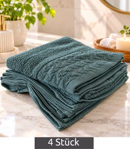 Lot de 4 serviettes en éponge pur coton à motifs, env. 50 × 100 cm, vert foncé