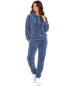 Sweat à capuche « Lounge » en velours pour femme – Pull douillet en matière douce, idéal pour la détente et le quotidien – Bleu foncé