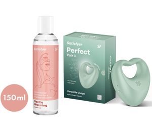 Set erótico de 2 piezas Satisfyer Perfect Pair 3: vibrador y anillo para el pene con 12 programas de vibración; incluye lubricante a base de agua «Gentle Warming» (150 ml). Color: transparente/verde.