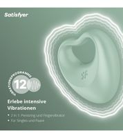 Set erótico de 2 piezas Satisfyer Perfect Pair 3: vibrador y anillo para el pene con 12 programas de vibración; incluye lubricante a base de agua «Gentle Warming» (150 ml). Color: transparente/verde.