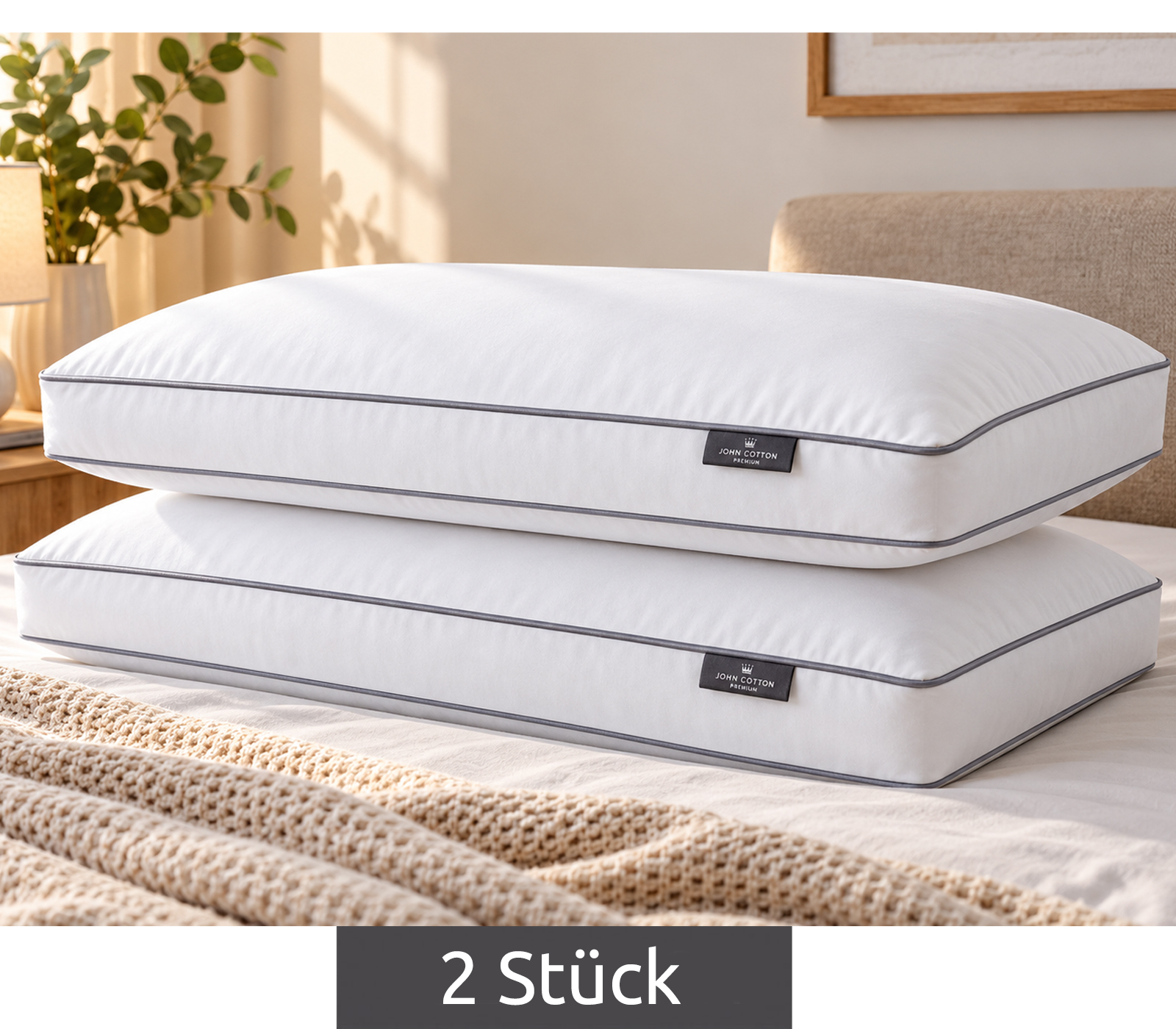 2 Stück John Cotton PREMIUM Kopfkissen ca. 40 x 80 cm für luxuriöse und kuschelige Nächte - Allergiker-freundlich in Weiß