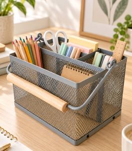 Utensilienkorb mit 4 Fächern aus Metall und Bambus mit Griff ca. 19 x 12 x 15 cm **B-Ware – geprüft** in Grau