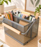 Utensilienkorb mit 4 Fächern aus Metall und Bambus mit Griff ca. 19 x 12 x 15 cm **B-Ware – geprüft** in Grau
