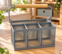 Utensilienkorb mit 4 Fächern aus Metall und Bambus mit Griff ca. 19 x 12 x 15 cm **B-Ware – geprüft** in Grau