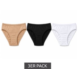 3er Pack Damen Slips – Bequeme Baumwoll-Unterhosen mit elastischem Bund und klassischer Passform Schwarz, Braun & Weiß