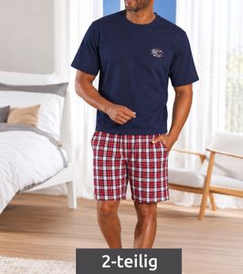 Men’s Short-Sleeve Pajama Set in 100% Cotton – Comfortable Shorty-Style Pajamas (Dark Blue/Red-and-White Checkered)