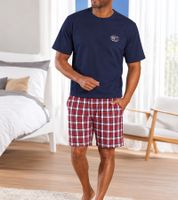 Men’s Short-Sleeve Pajama Set in 100% Cotton – Comfortable Shorty-Style Pajamas (Dark Blue/Red-and-White Checkered)