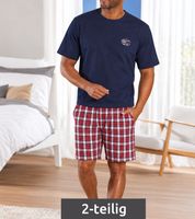 Herren Kurzarm Schlafanzug aus 100% Baumwolle bequemer 2-teiliger Shorty-Pyjama Dunkelblau/Rot-Weiß kariert