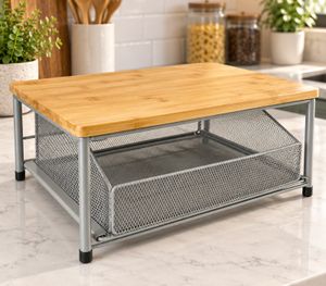 Kitchen shelf with drawer, made of metal and bamboo, featuring a handle – approx. 38.5 x 27.5 x 14.5 cm – **B-stock (returned item) – inspected** – Grey