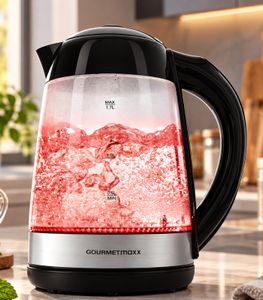 GOURMETmaxx Glass Electric Kettle with LED, 1.7L, 2200W & Digital Temperature Display – **B-Stock (Refurbished/Tested)** – Black/Silver