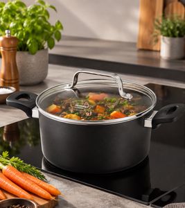 Ø24cm 5.2L BERNDES ONYX Aluminium Cooking Pot with Glass Lid, Non-Stick Coating for All Hob Types incl. Induction **B-Grade – tested** Black