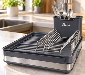 Vileda Dish Drying Rack with Convenient Cutlery Holder – Extendable Stainless Steel Design – **B-Stock (Outlet Item) – Inspected** – Silver/Black