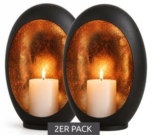 2er Pack Ø 14 x 8 x 20cm Windlichtleuchte aus Metall mit kupferfarbenen Akzenten in Schwarz