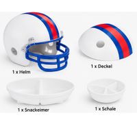 Casco para aperitivos de fútbol americano: set de 4 piezas para patatas fritas, salsas y dulces (Blanco/Rojo/Azul)