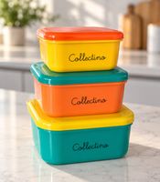 Lot de 3 boîtes à goûter Collectino – Personnalisez vos boîtes avec 5 autocollants résistants à l'eau – Empilables **Produit de second choix (B-Ware) – contrôlé** – Multicolore