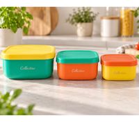 Lot de 3 boîtes à goûter Collectino – Personnalisez vos boîtes avec 5 autocollants résistants à l'eau – Empilables **Produit de second choix (B-Ware) – contrôlé** – Multicolore