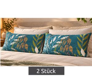 Set of 2 Reversible Renforcé Cotton Pillowcases with a Botanical Leaf and Plant Pattern, 40 x 80 cm, Multicolored