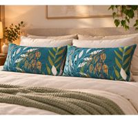 Set of 2 Reversible Renforcé Cotton Pillowcases with a Botanical Leaf and Plant Pattern, 40 x 80 cm, Multicolored