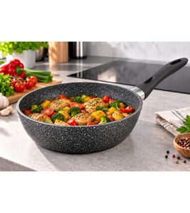 Sartén de bordes altos Krüger, Ø 24 cm – Sartén de aluminio forjado con revestimiento antiadherente efecto granito, 6,5 cm de altura, apta para inducción, **Producto de segunda categoría (B-Ware) – revisado** – Gris
