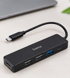 Adaptador multipuerto USB-C 5 en 1 de Hama – Hub USB-C con HDMI 4K, USB-C Power Delivery y 3 puertos USB-A **Producto reacondicionado (B-Ware) – verificado** Negro