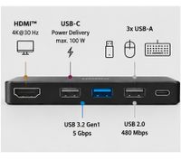 Adaptador multipuerto USB-C 5 en 1 de Hama – Hub USB-C con HDMI 4K, USB-C Power Delivery y 3 puertos USB-A **Producto reacondicionado (B-Ware) – verificado** Negro
