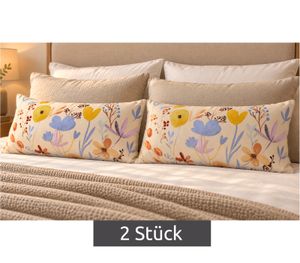 Set of 2 Reversible Renforcé Cotton Pillowcases with a Colorful Floral Pattern, 40 x 80 cm, Multicolored/Beige