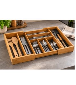 Range-couverts pratique KESPER en bambou certifié FSC®, avec insert extensible pour tiroir – env. 35–58 × 43 × 6,5 cm **Produit de second choix (B-Ware) – contrôlé** – Marron