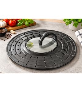 Tapa antisalpicaduras universal antiadherente KRÜGER Tokio con ventana de visualización, para sartenes y ollas de Ø 20, 24 y 28 cm **Producto de segunda categoría (B-Ware) – revisado** – Color: negro