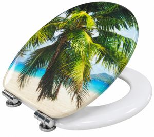 Asiento de Inodoro de Duroplast con Diseño Caribeño de Palmeras Tropicales, Cierre Suave Silencioso, Fácil Instalación y Bisagras Ajustables aprox. 38,1 × 45,8cm **Producto de segunda selección – probado** Multicolor