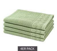 Set of 4 Patterned Pure Cotton Terry Towels, approx. 30 x 50 cm, Light Green
