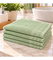 Set of 4 Patterned Pure Cotton Terry Towels, approx. 30 x 50 cm, Light Green