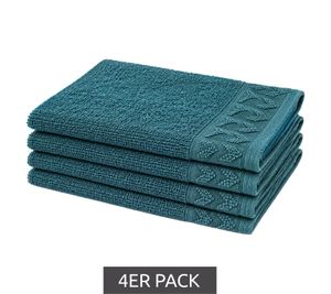 Set of 4 Patterned Pure Cotton Terry Towels, approx. 30 x 50 cm, Blue