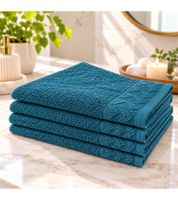 Set of 4 Patterned Pure Cotton Terry Towels, approx. 30 x 50 cm, Blue