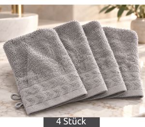 Set of 4 Patterned Terry Cloth Wash Mitts, Pure Cotton, Approx. 16 × 21 cm, Grey