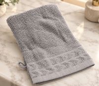 Set of 4 Patterned Terry Cloth Wash Mitts, Pure Cotton, Approx. 16 × 21 cm, Grey