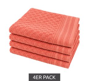 Set of 4 Patterned Pure Cotton Terry Towels, approx. 30 x 50 cm, Orange