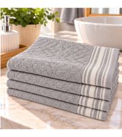 Set of 4 Patterned Pure Cotton Terry Towels, approx. 30 x 50 cm, Grey