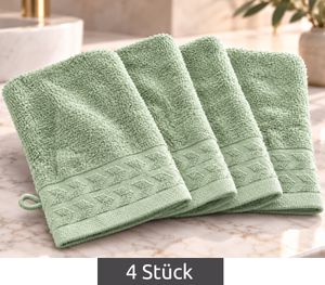Set of 4 Patterned Terry Cloth Wash Mitts, Pure Cotton, Approx. 16 × 21 cm, Green