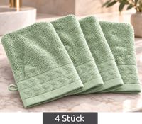 Set of 4 Patterned Terry Cloth Wash Mitts, Pure Cotton, Approx. 16 × 21 cm, Green