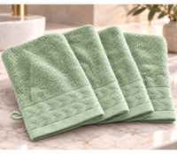 Set of 4 Patterned Terry Cloth Wash Mitts, Pure Cotton, Approx. 16 × 21 cm, Green