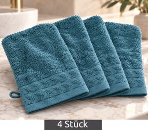 Set of 4 Patterned Terry Cloth Wash Mitts, Pure Cotton, Approx. 16 × 21 cm, Blue