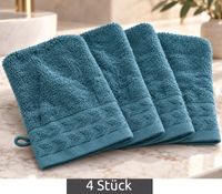 Set of 4 Patterned Terry Cloth Wash Mitts, Pure Cotton, Approx. 16 × 21 cm, Blue
