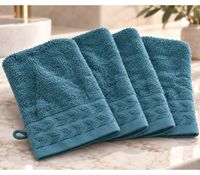 Set of 4 Patterned Terry Cloth Wash Mitts, Pure Cotton, Approx. 16 × 21 cm, Blue